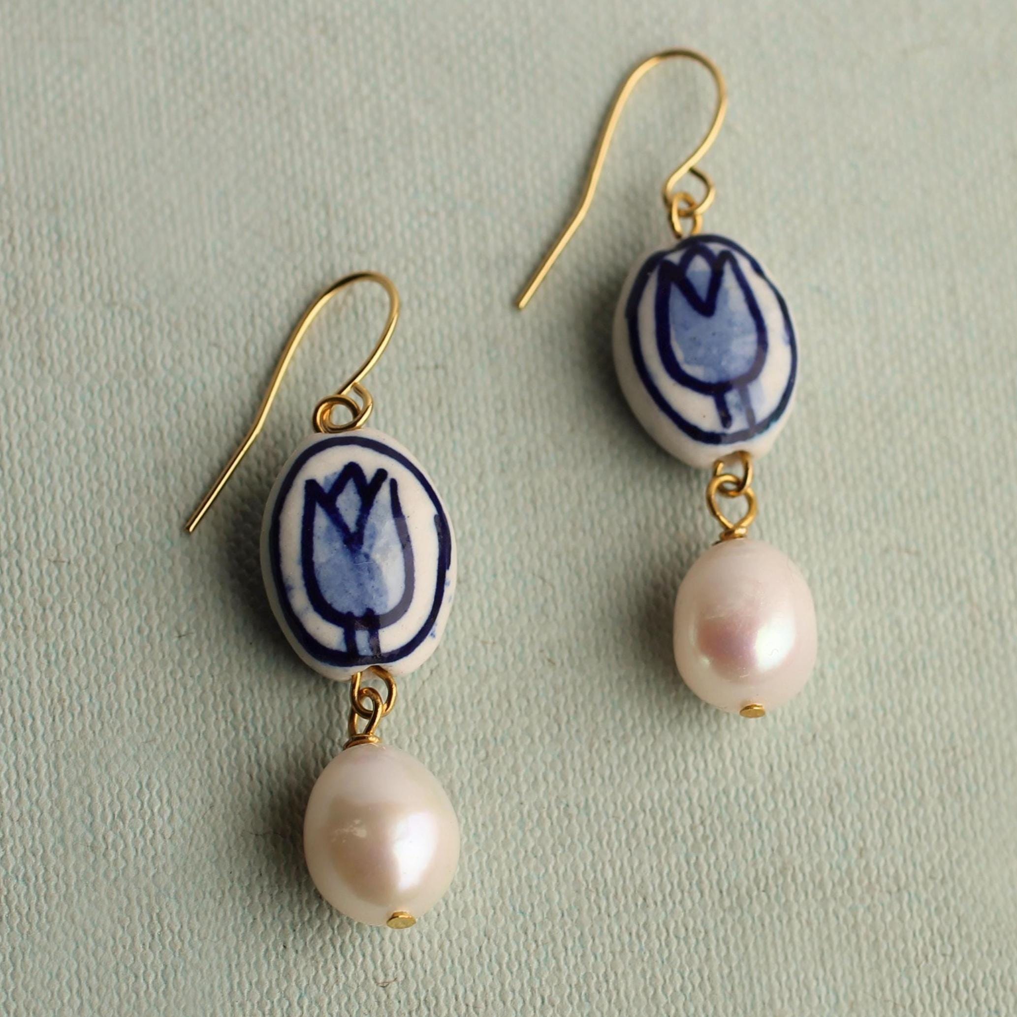 Delft Tulip Pearl Earrings