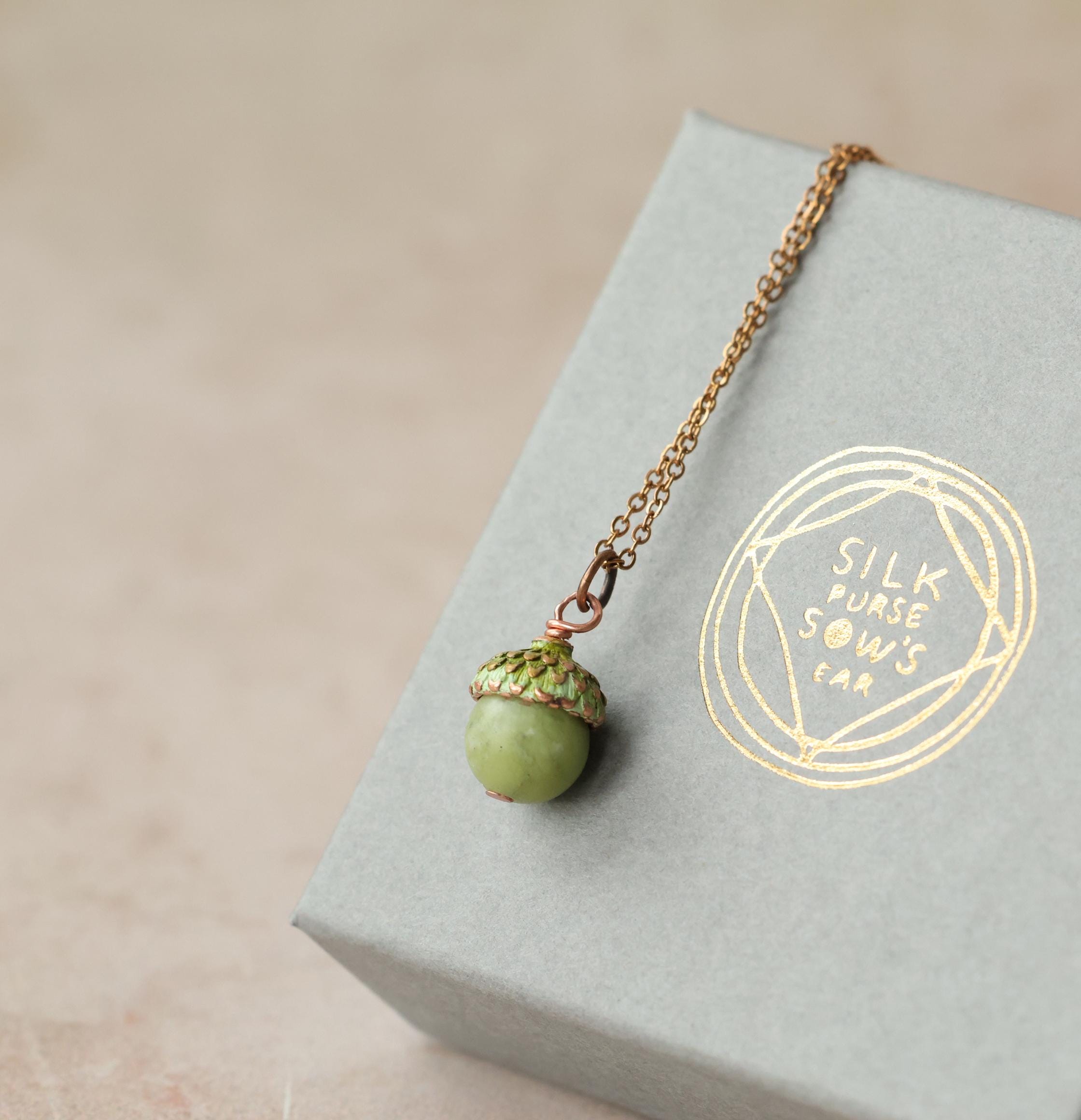 Olive Green Moss Acorn Necklace