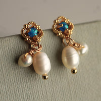 Freshwater Pearl and Blue Opal Victorian Stud Earrings