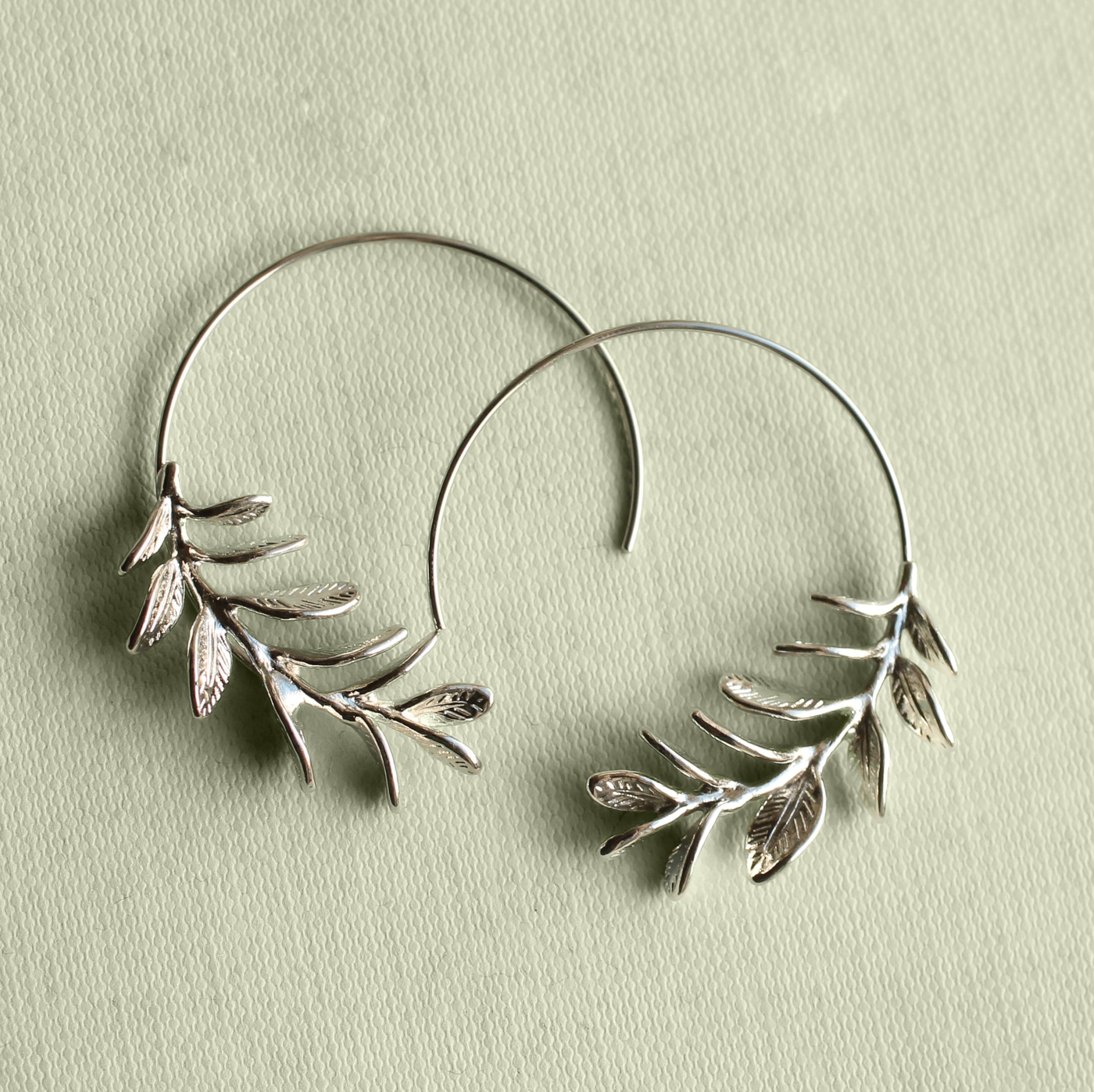 Silver Botanical Leaf Hoop Earrings