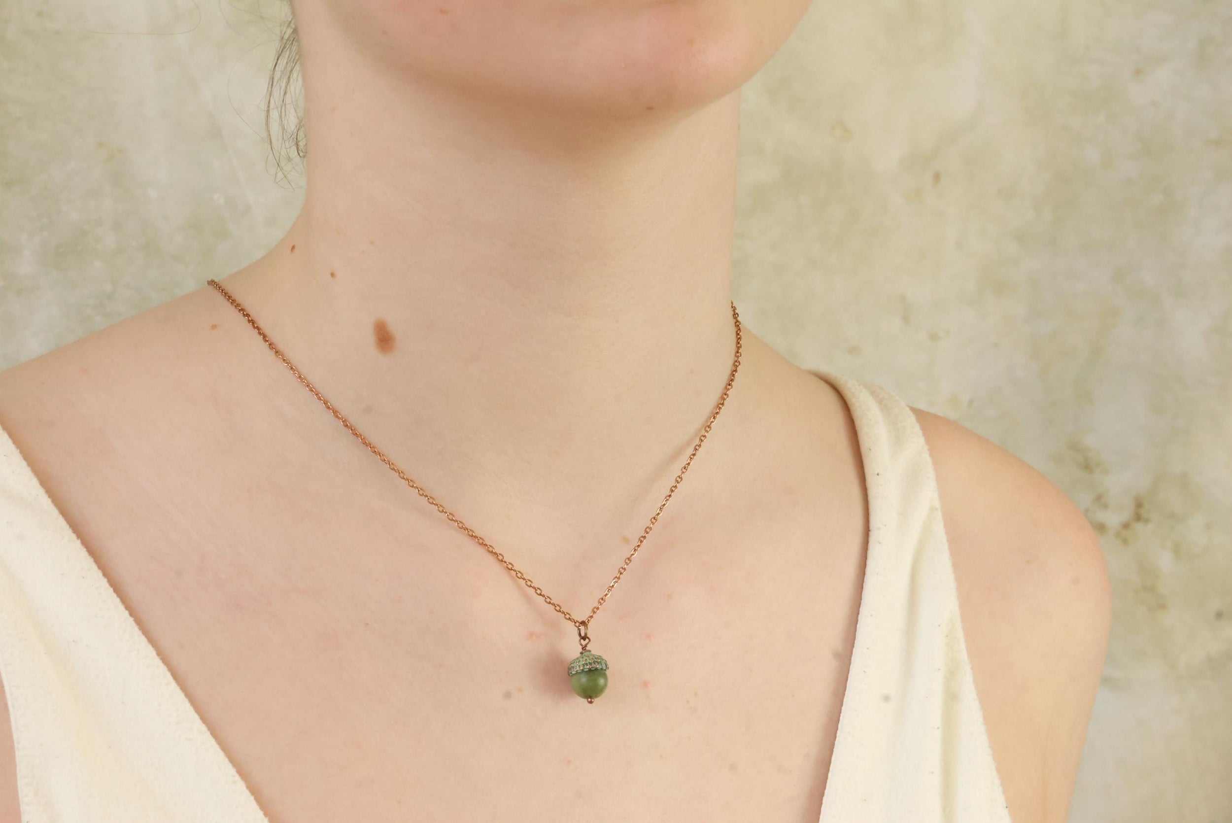 Olive Green Moss Acorn Necklace