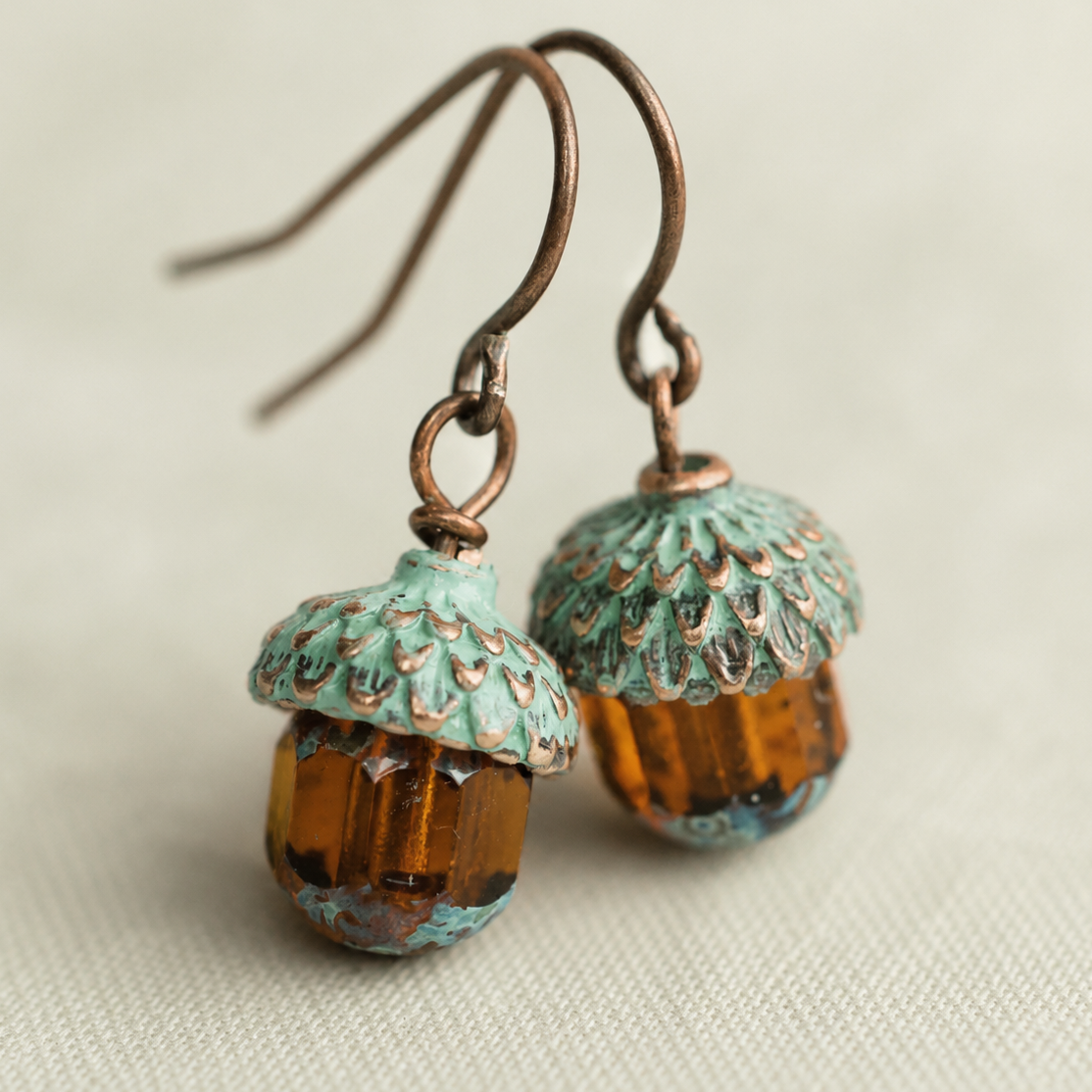 Verdigris Amber Acorn Earrings