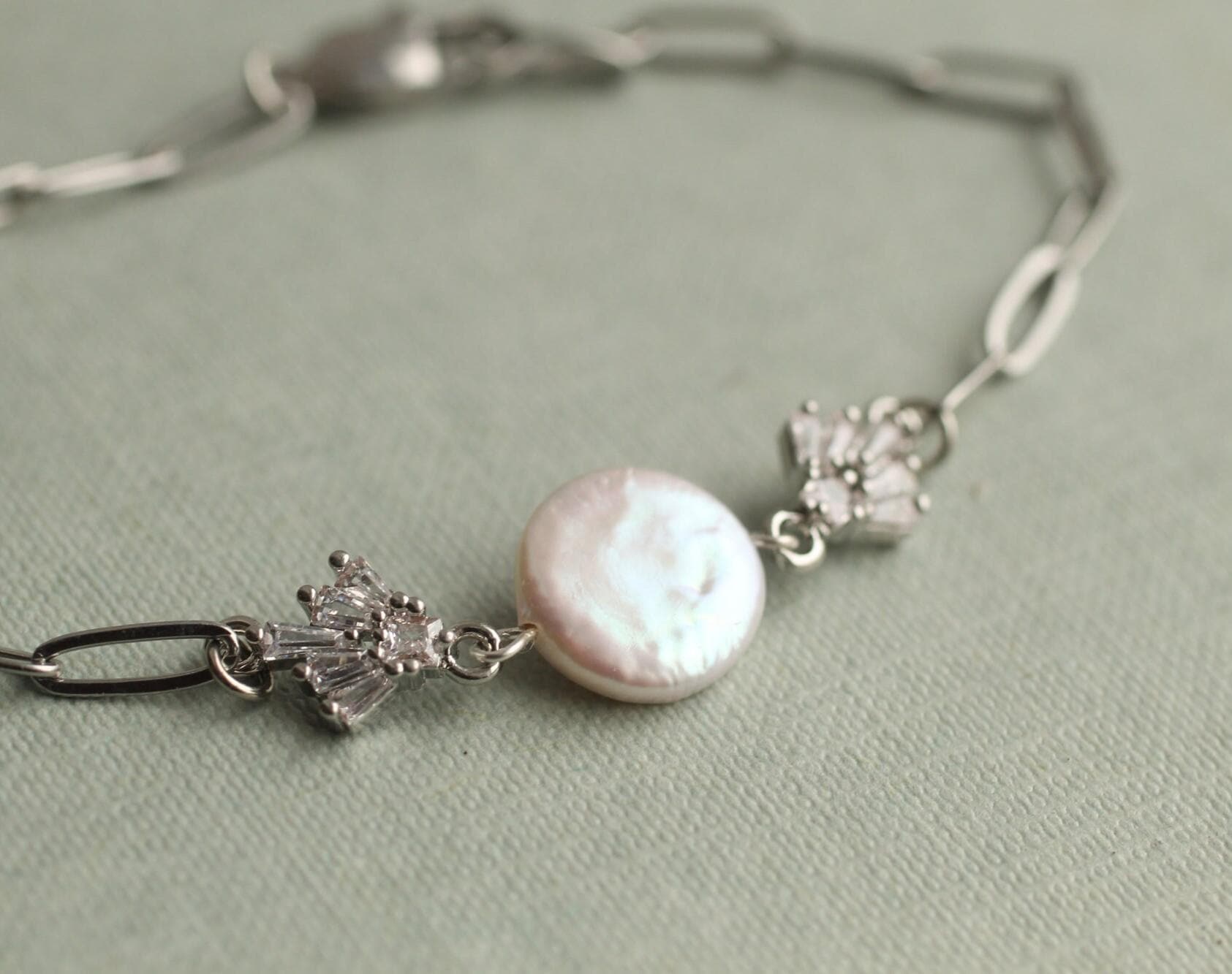Silver Art Deco Crystal Pearl Bracelet