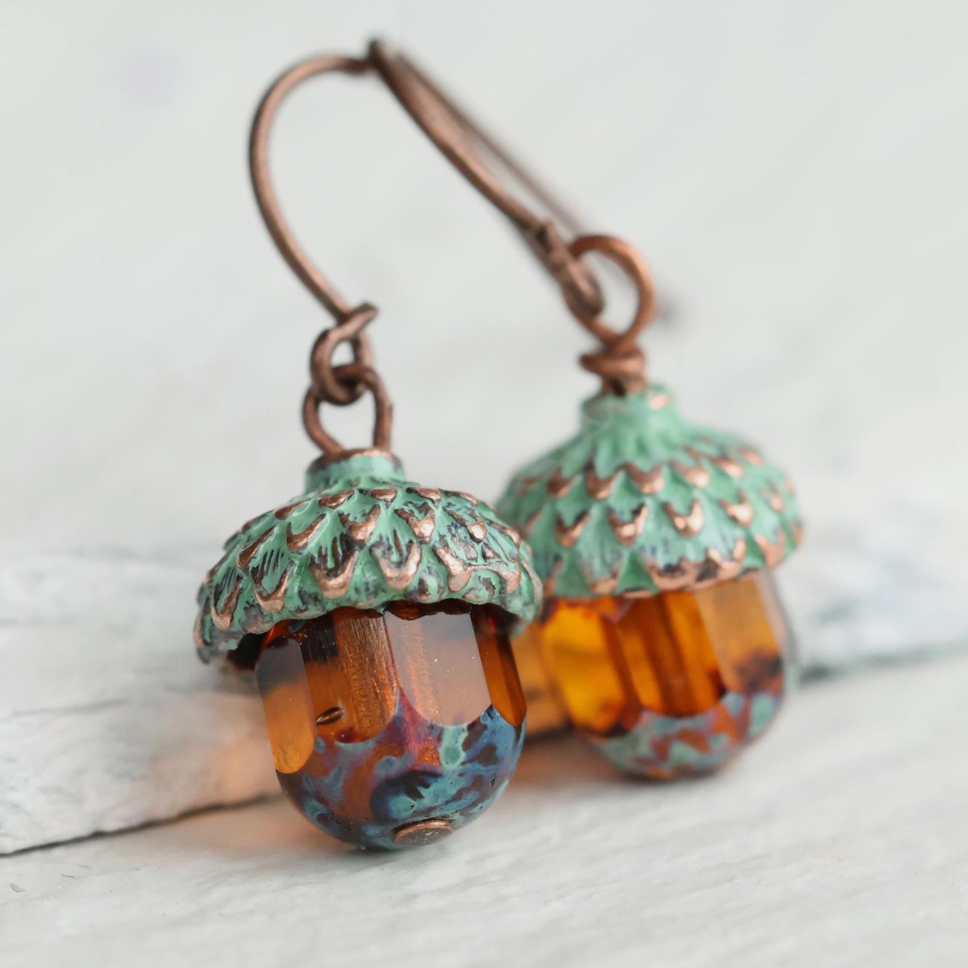 Verdigris Amber Acorn Earrings