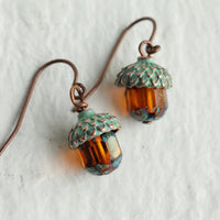 Verdigris Amber Acorn Earrings