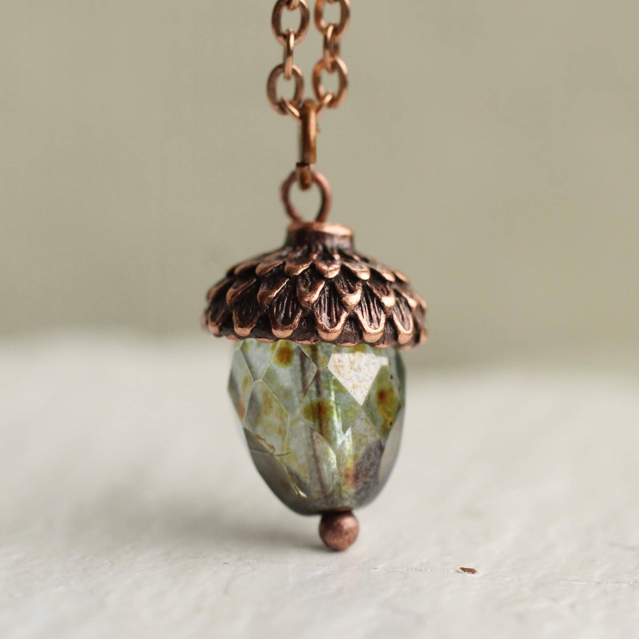 Small Speckled Green Acorn Necklace