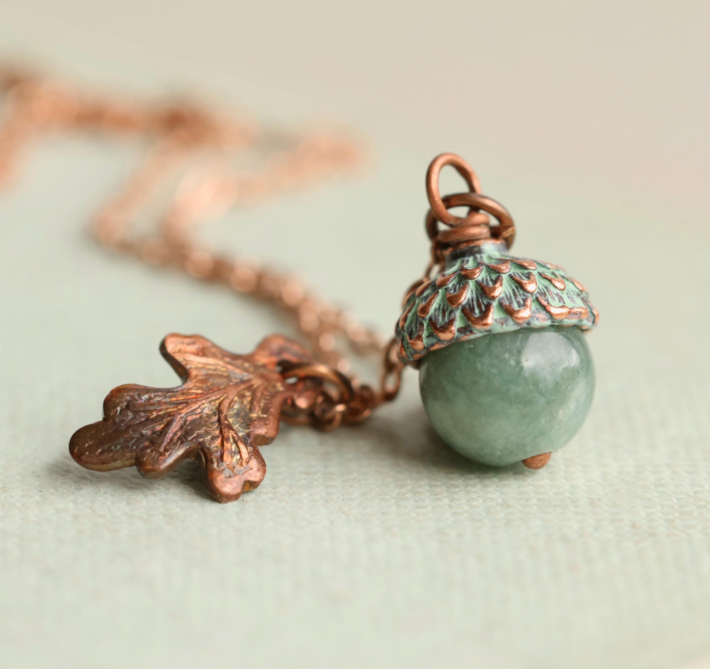 Copper and Jade Acorn Necklace