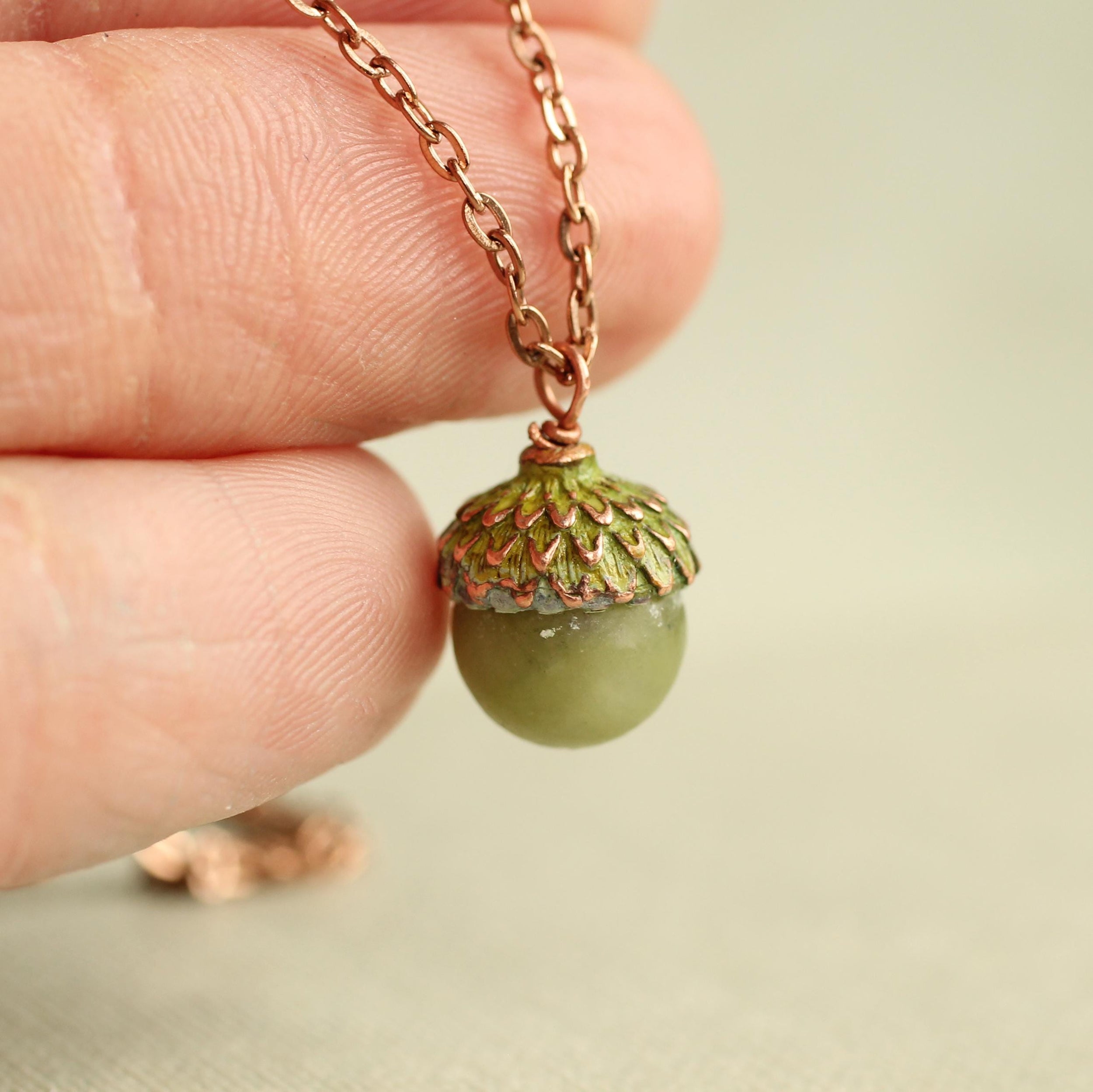 Olive Green Moss Acorn Necklace