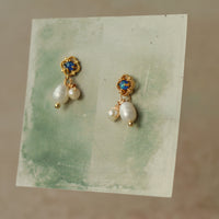 Freshwater Pearl and Blue Opal Victorian Stud Earrings