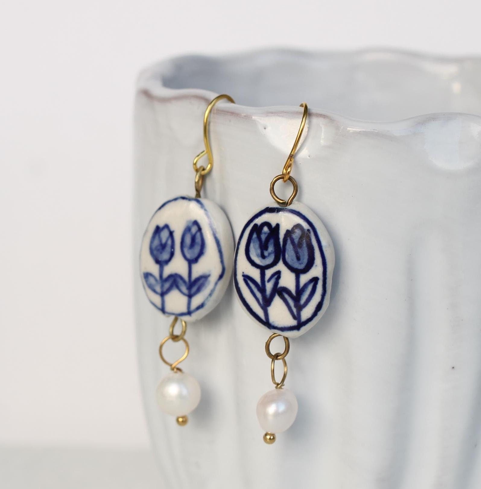 Blue Tulip Pearl Earrings