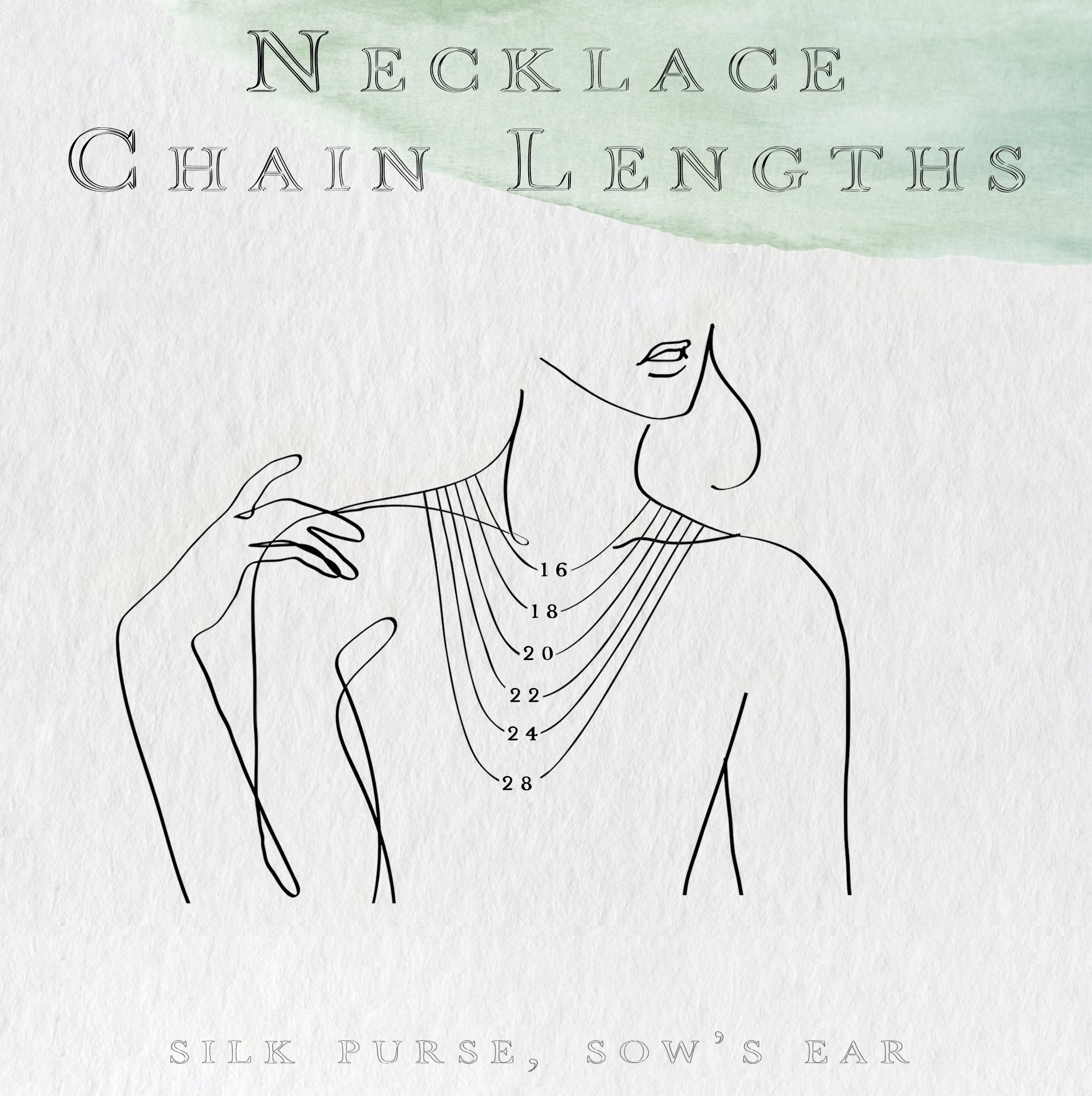 The image is a simple line drawing of a person's neck and chest area, with measurements and labels indicating the chain length of a necklace.