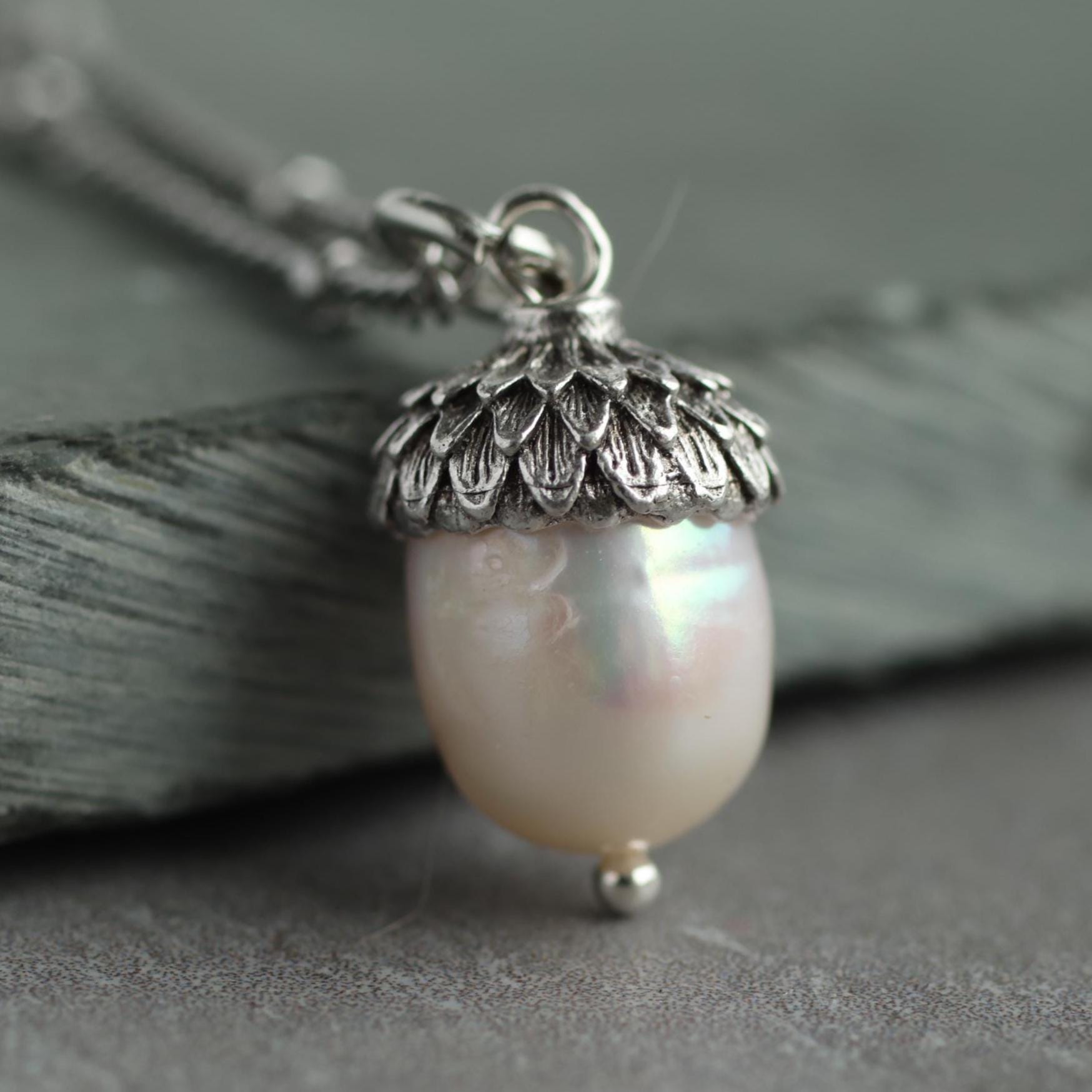 Freshwater Pearl Silver Acorn Necklace