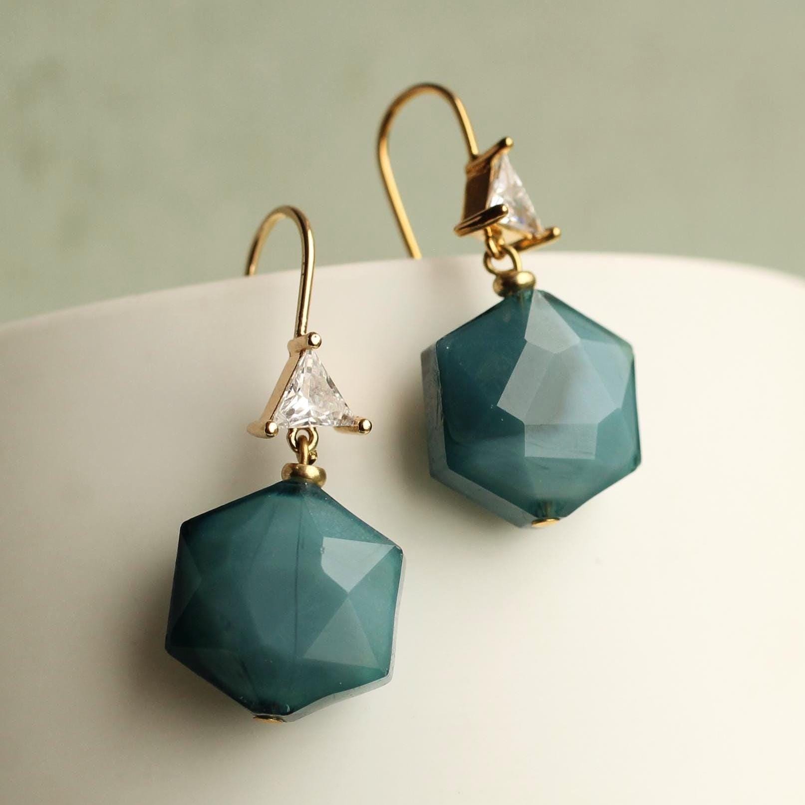 Teal Green Hexagon Earrings