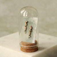 A pair of earrings is displayed in a glass dome, with a piece of paper or card inside the dome.