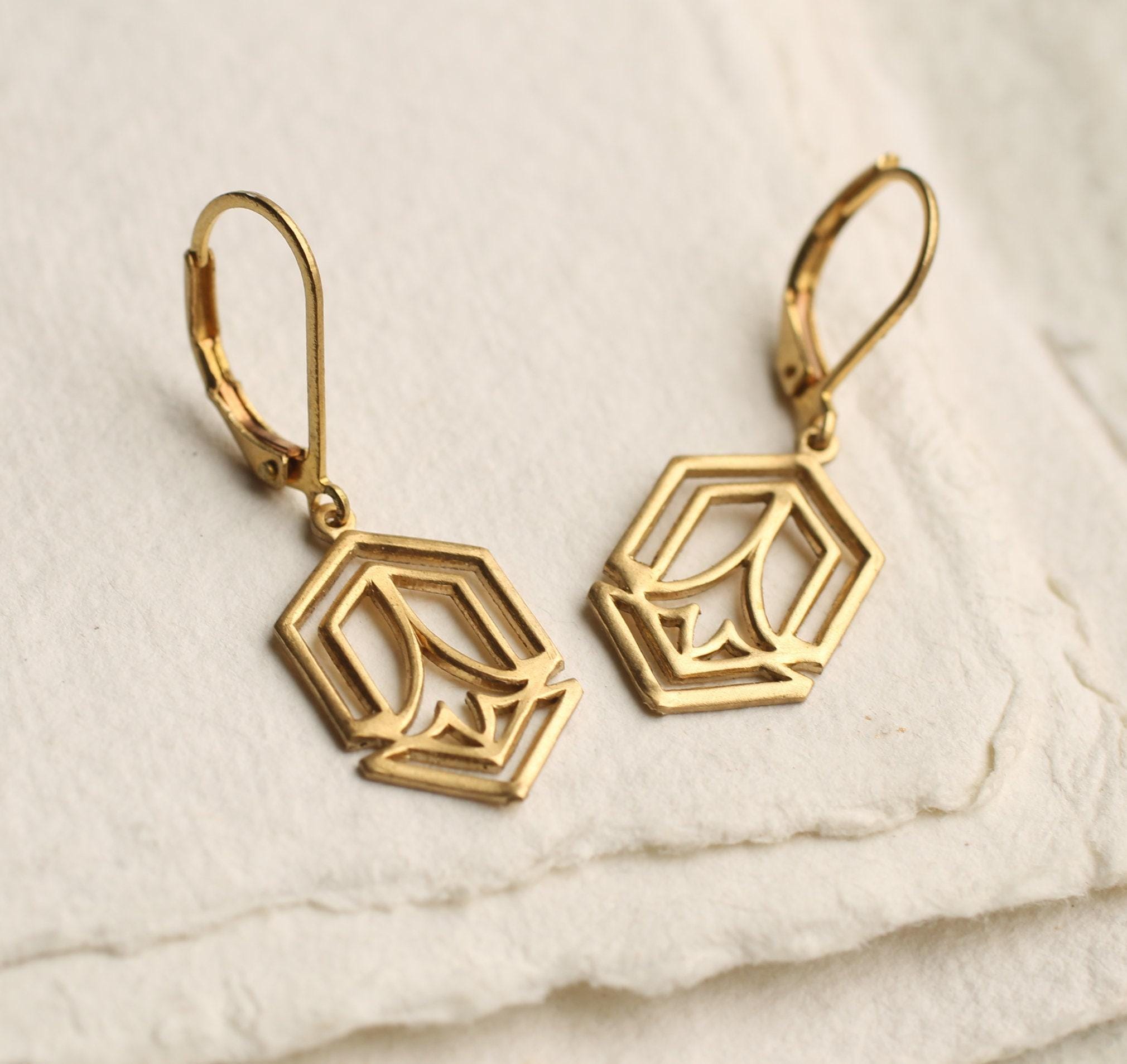 Gold Art Deco Brass Earrings