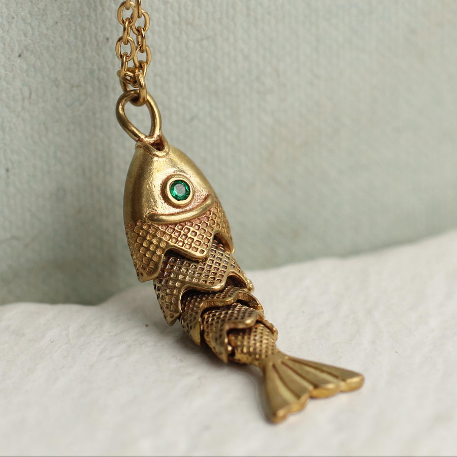 Vintage Articulated Moving Gold Fish Necklace - Necklaces