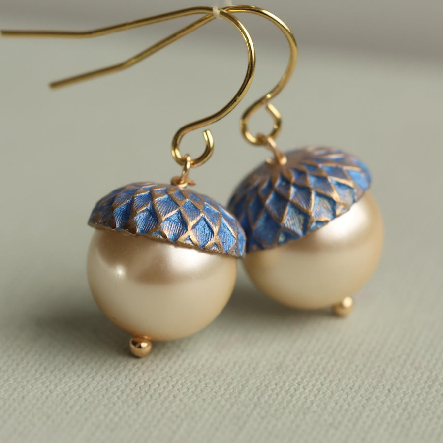 Gold Royal Blue Pearl Acorn Earrings