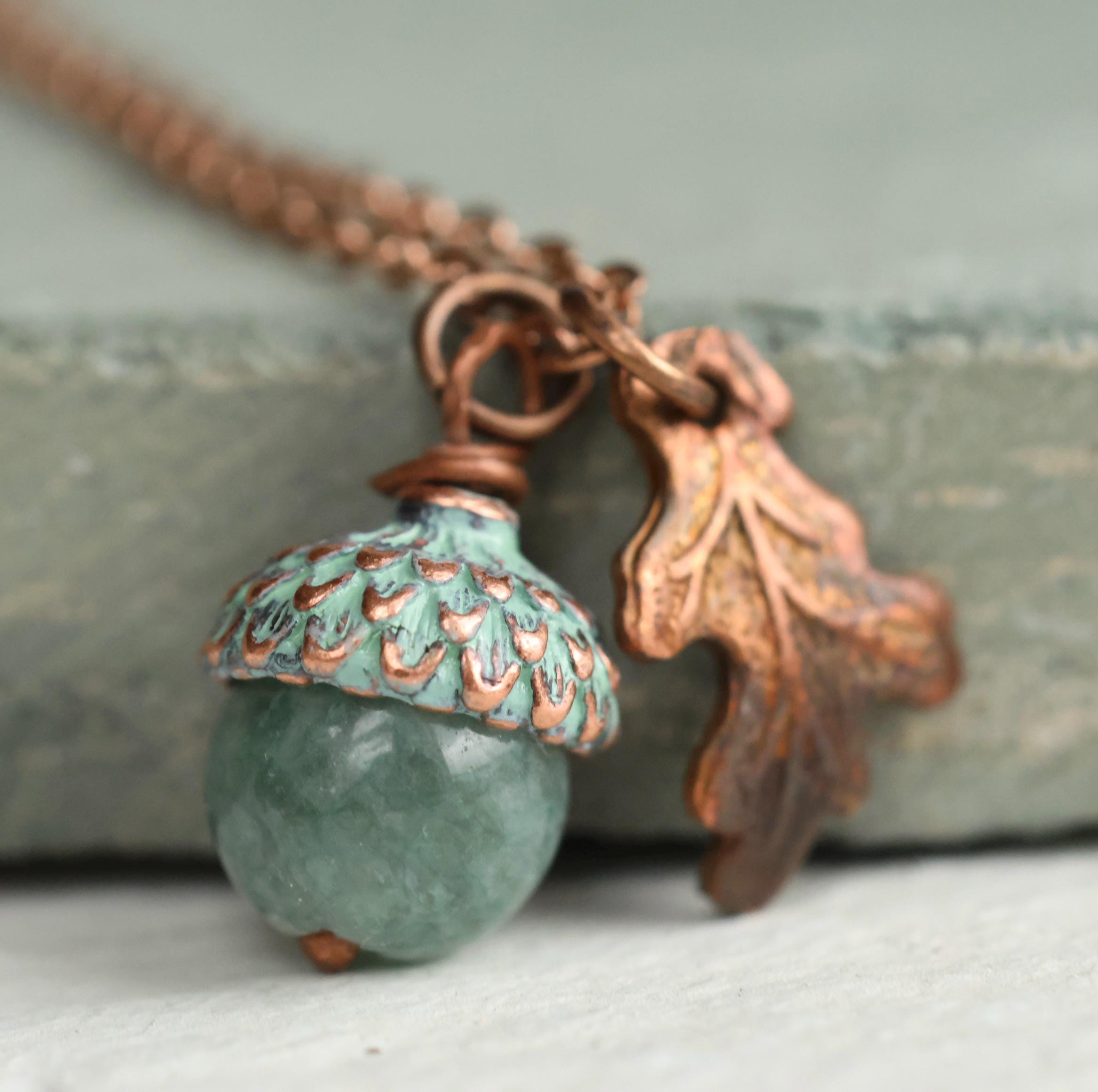 Copper and Jade Acorn Necklace