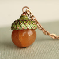 Amber and Moss Green Acorn Necklace
