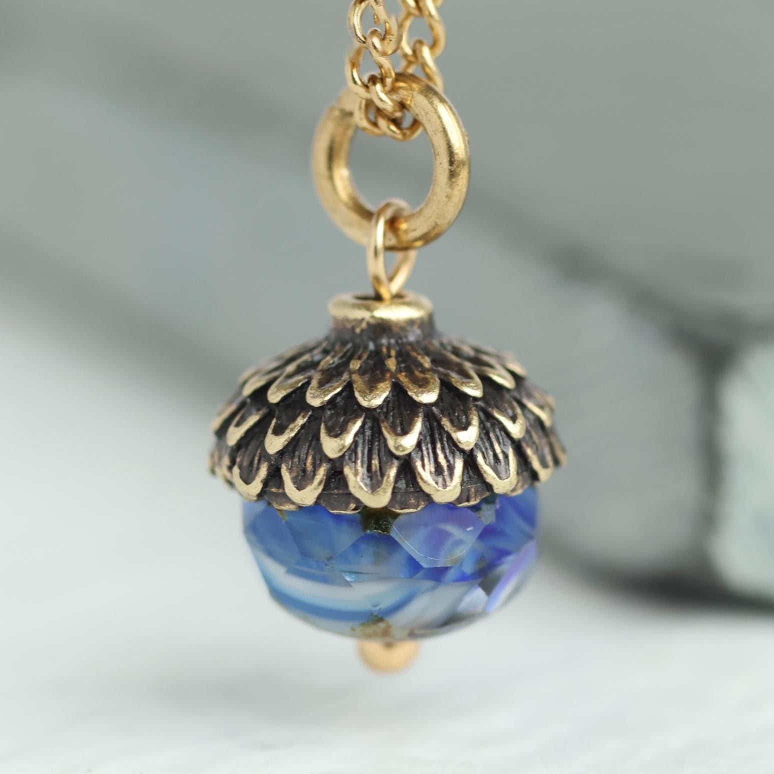 Cobalt Blue Gold Acorn Necklace