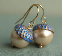 Gold Royal Blue Pearl Acorn Earrings