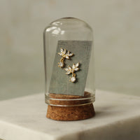A pair of diamond earrings is displayed in a glass case, with a cork base.