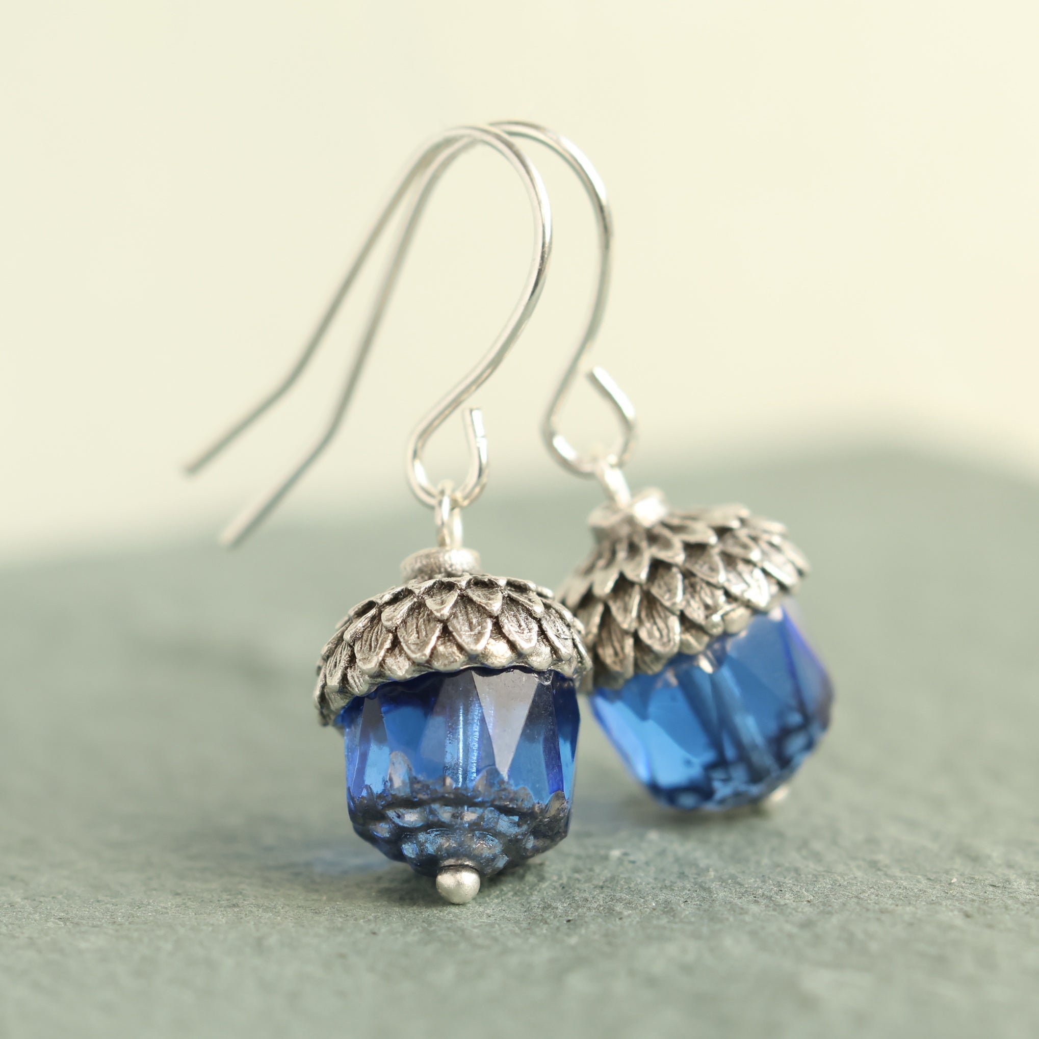 Sapphire Blue Silver Acorn Earrings