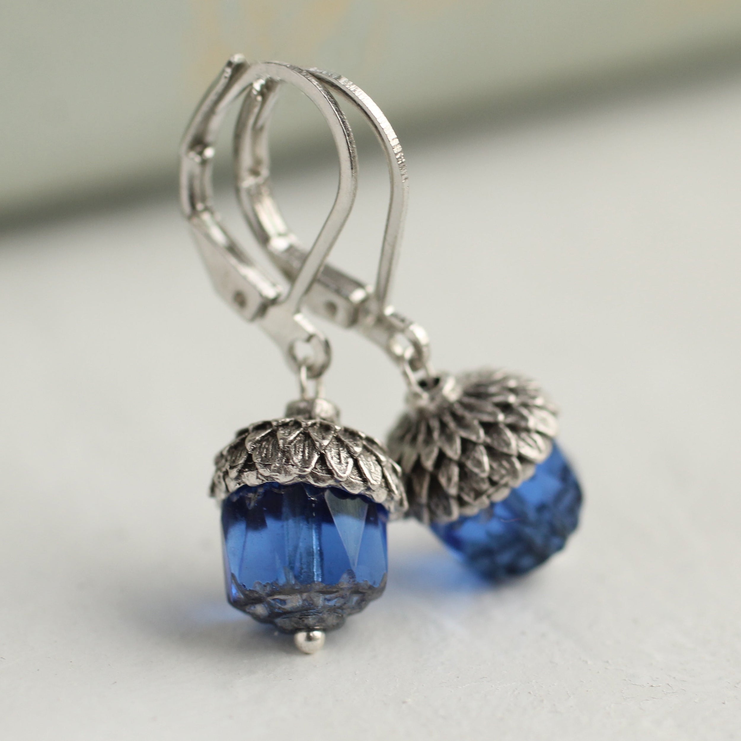Sapphire Blue Silver Acorn Earrings