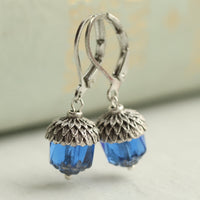 Sapphire Blue Silver Acorn Earrings