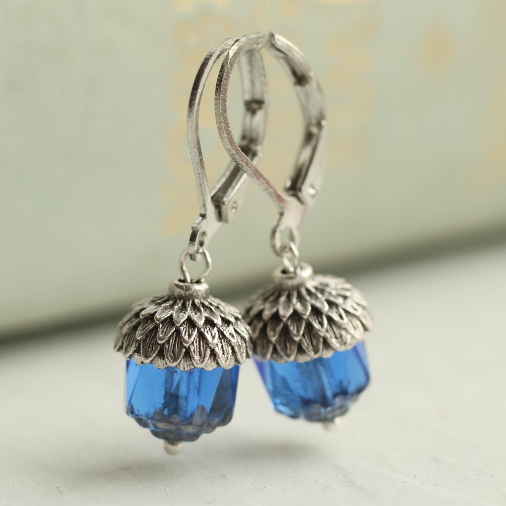 Sapphire Blue Silver Acorn Earrings