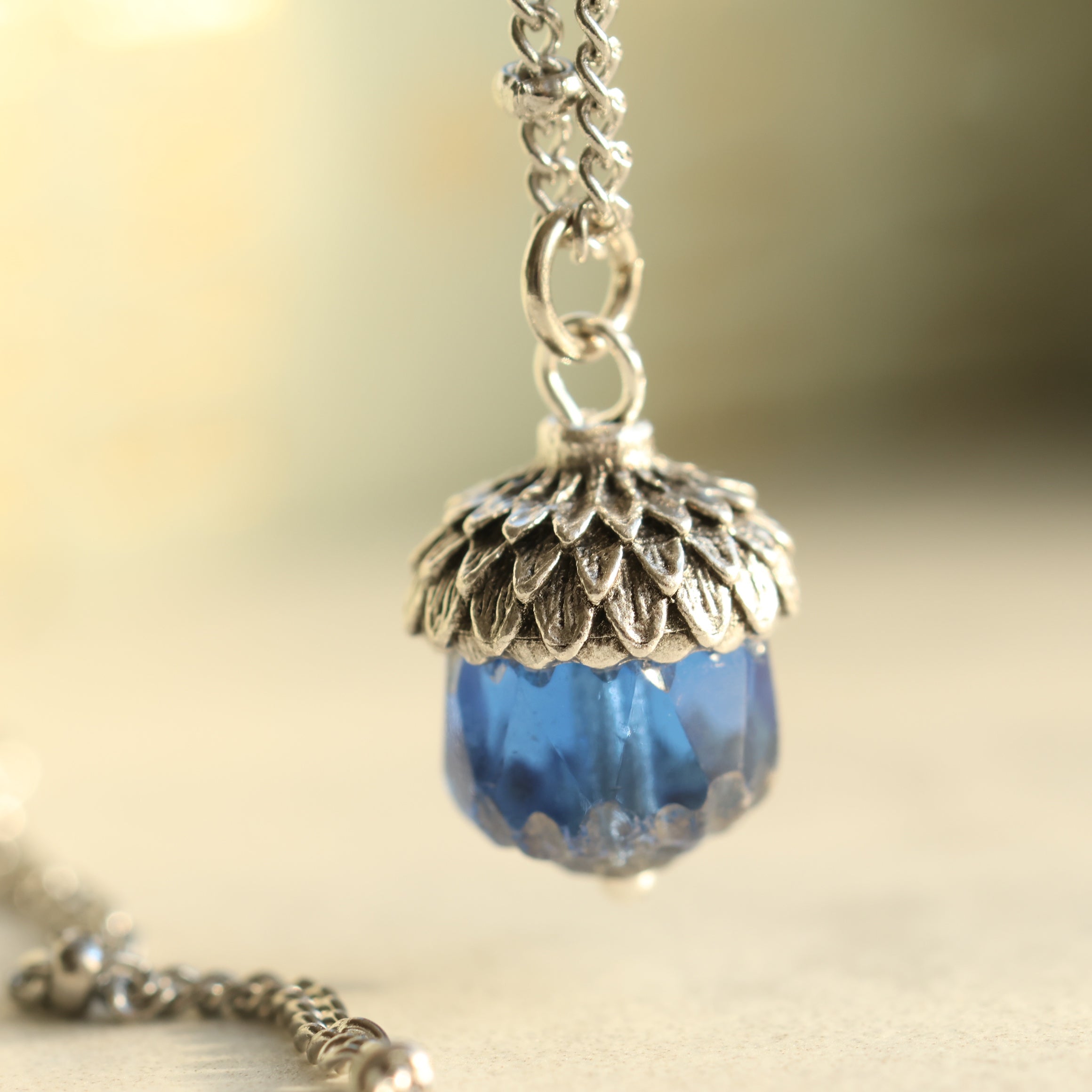 Sapphire Blue Silver Acorn Necklace