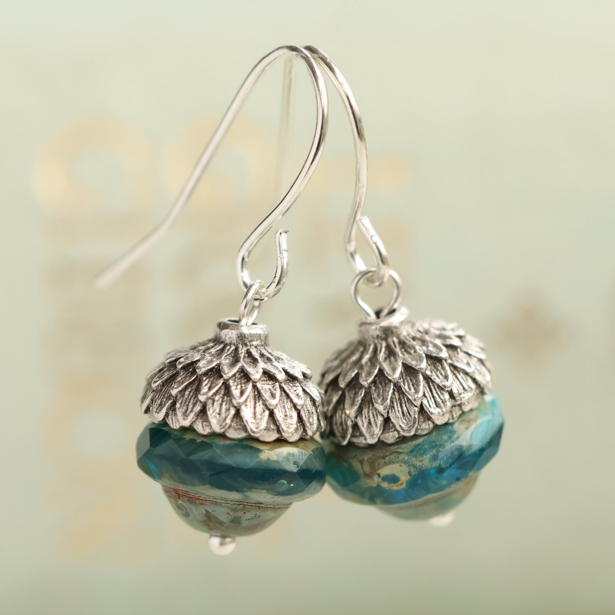Teal Silver Acorn Earrings