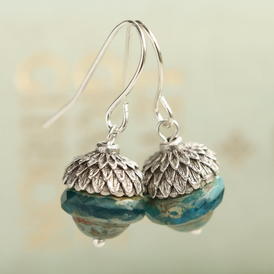 Teal Silver Acorn Earrings