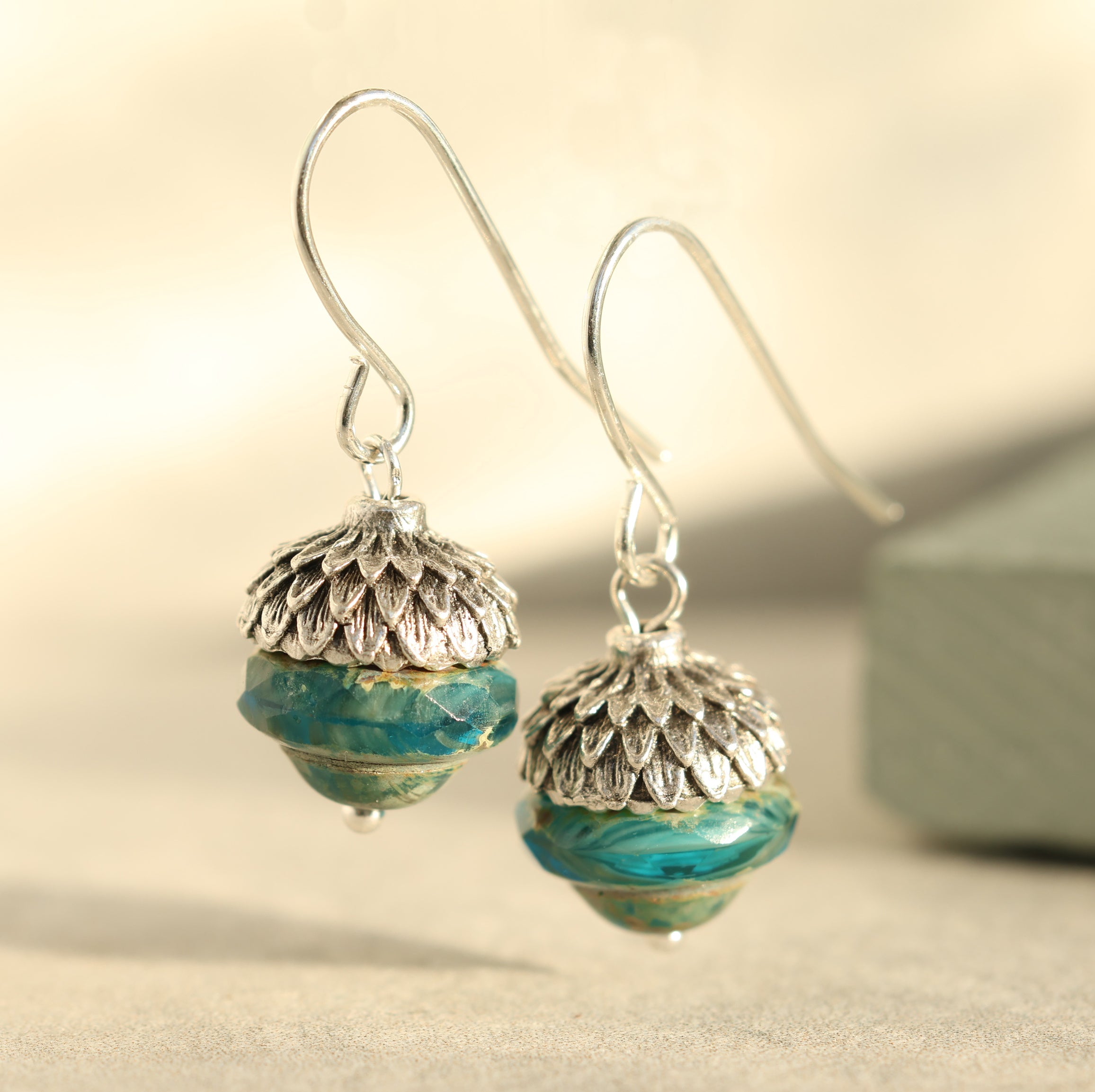 Teal Silver Acorn Earrings