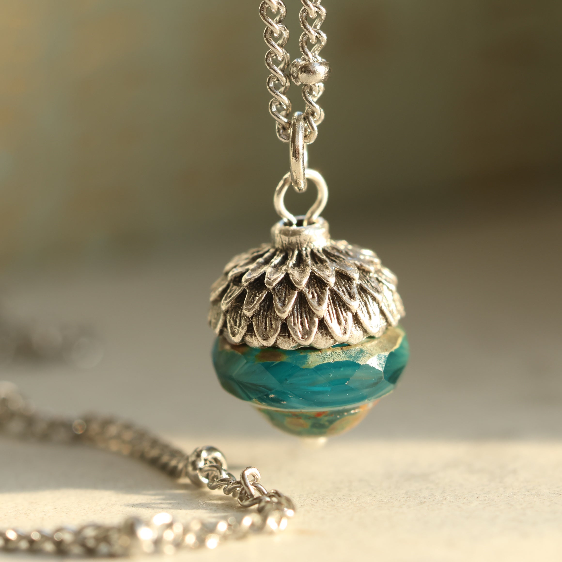 Teal Silver Acorn Necklace