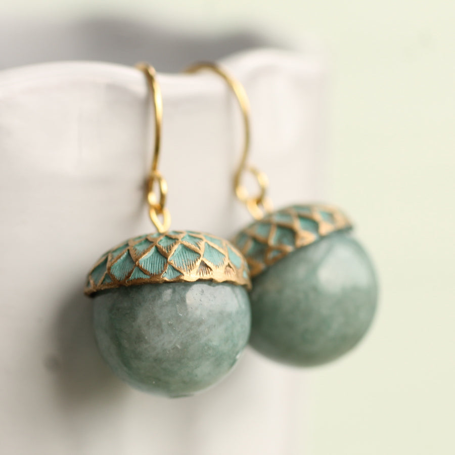 Gold Blue Gemstone Acorn Earrings
