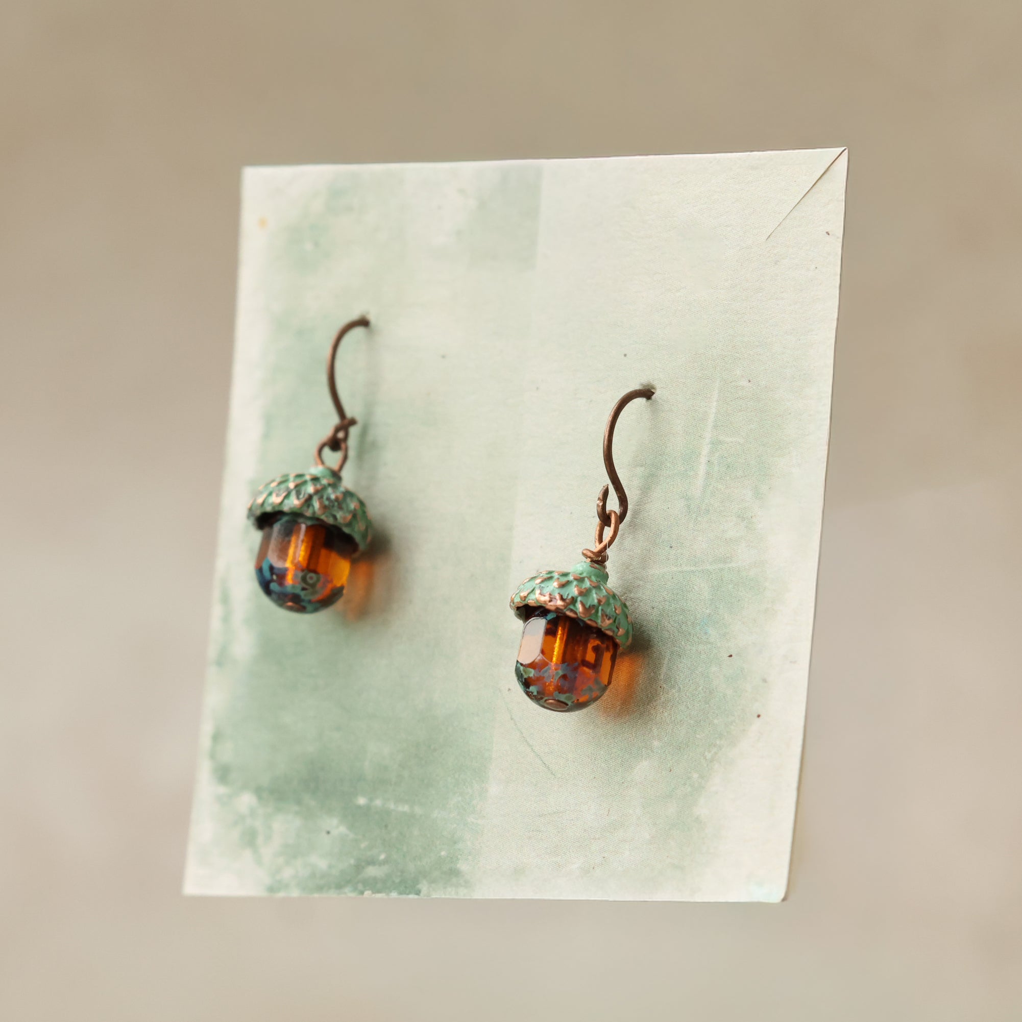 Verdigris Amber Acorn Earrings