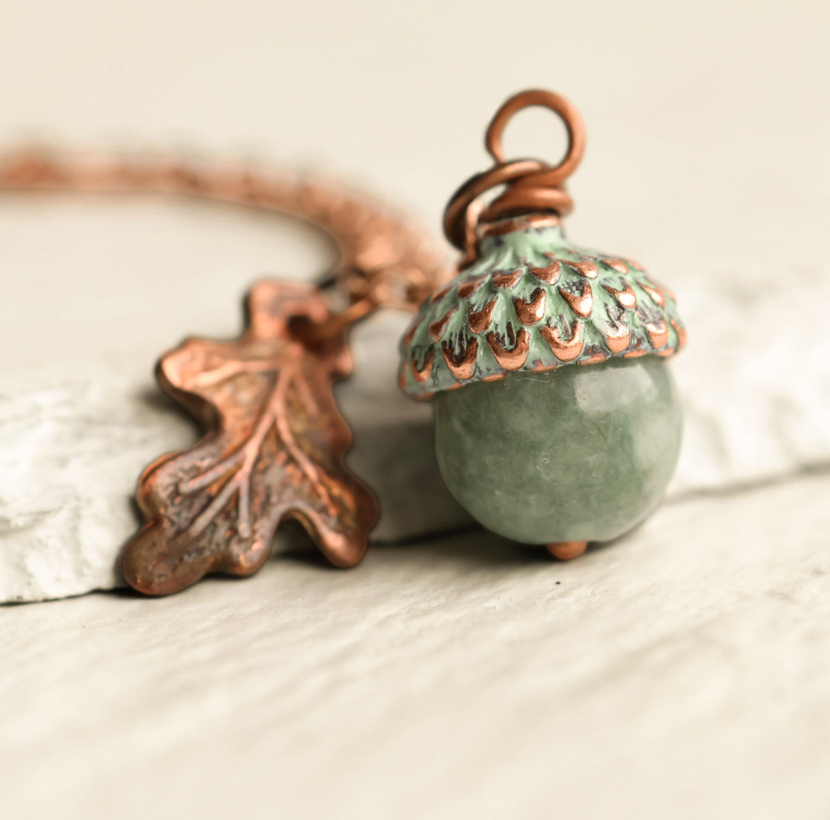 Copper and Jade Acorn Necklace