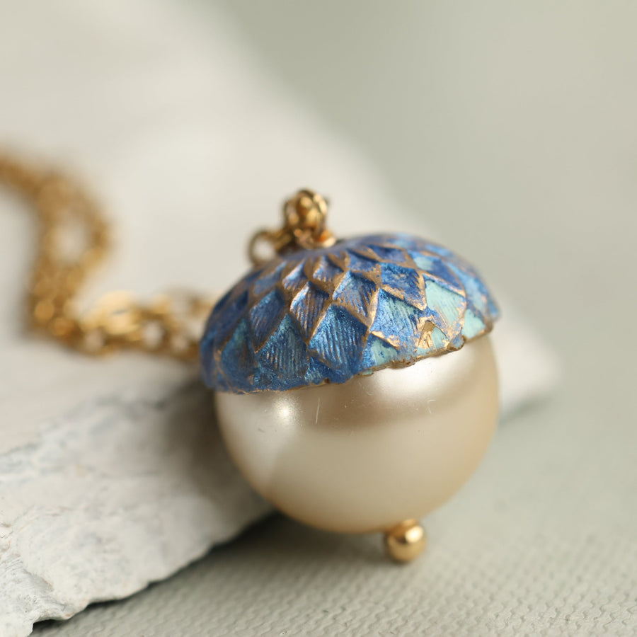 Gold Royal Blue Pearl Acorn Necklace