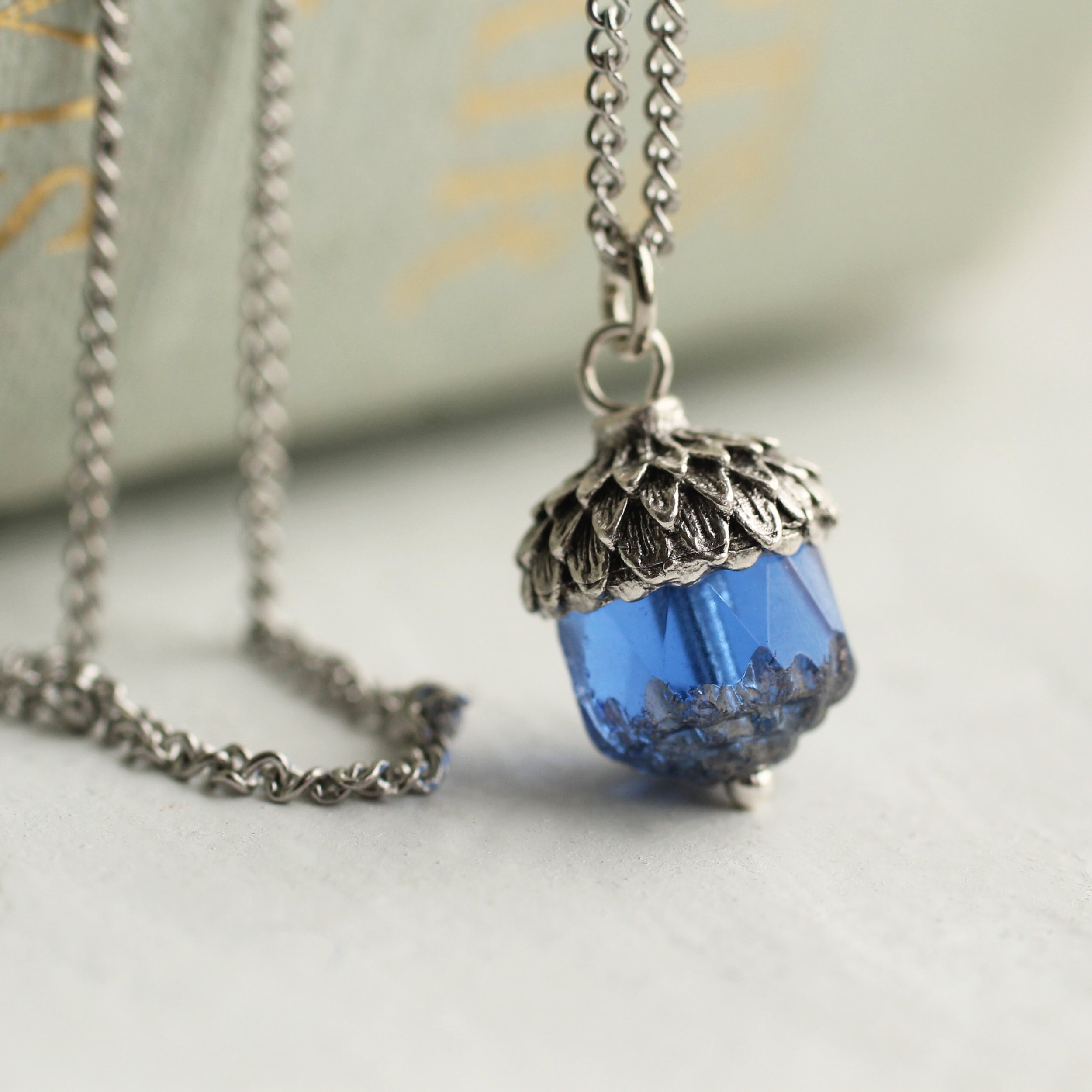 Sapphire Blue Silver Acorn Necklace