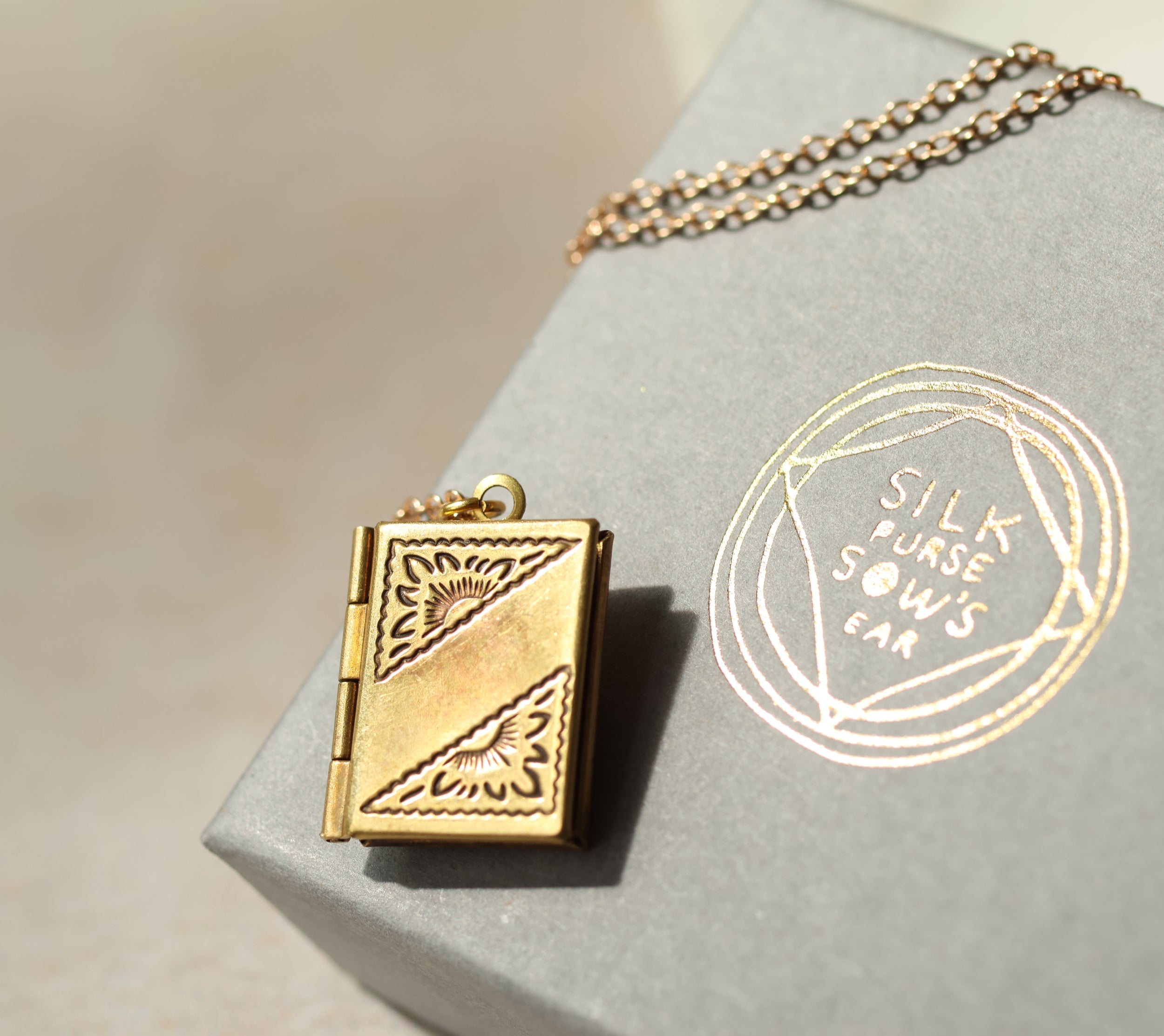 Gold Brass Banner Book Locket Necklace