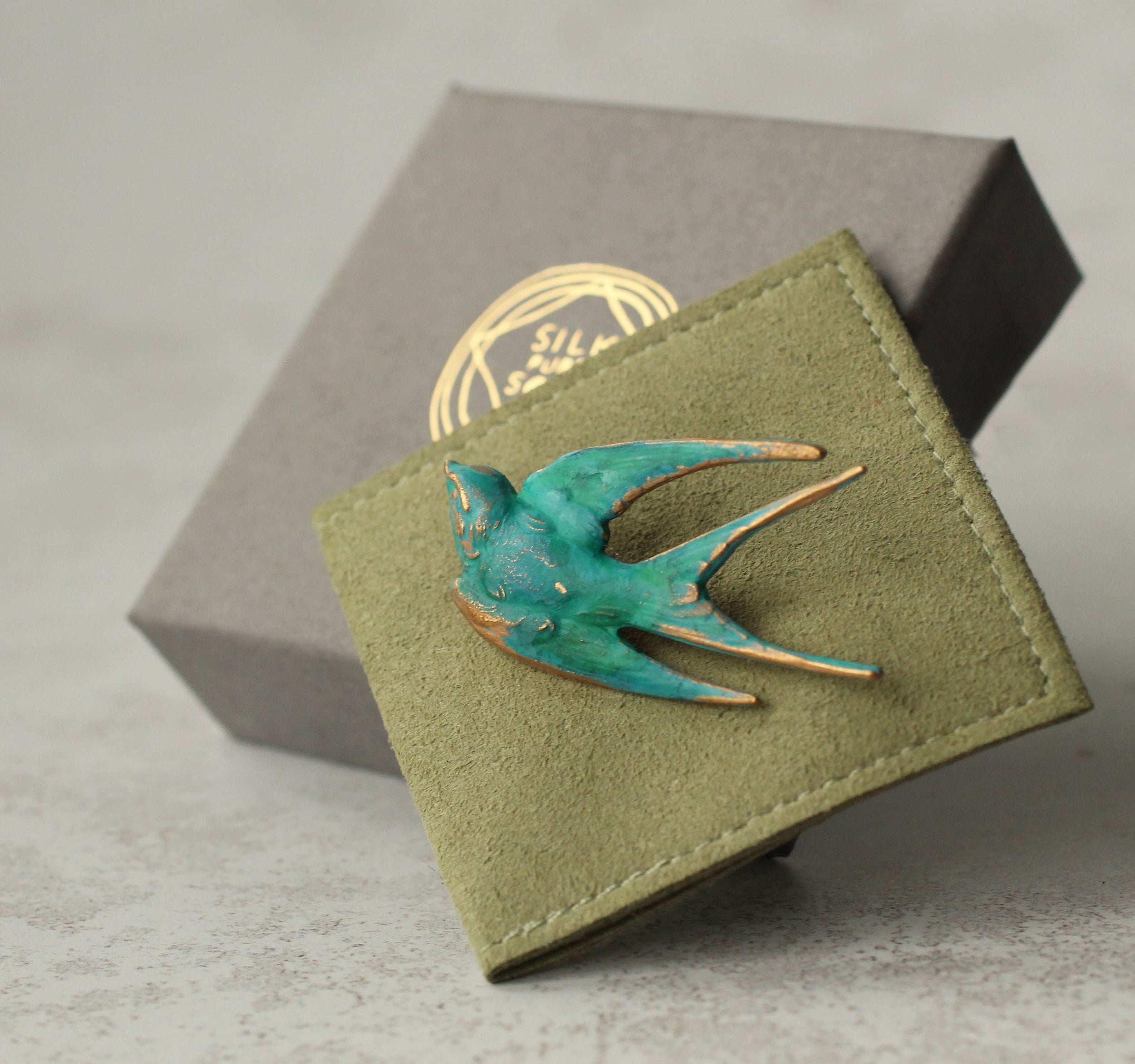 Verdigris Patina Swallow Bird Brooch