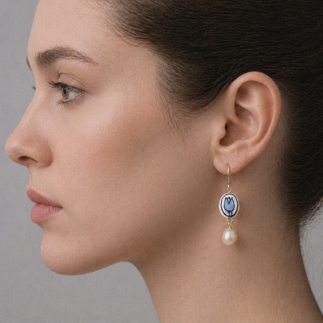 Delft Tulip Pearl Earrings