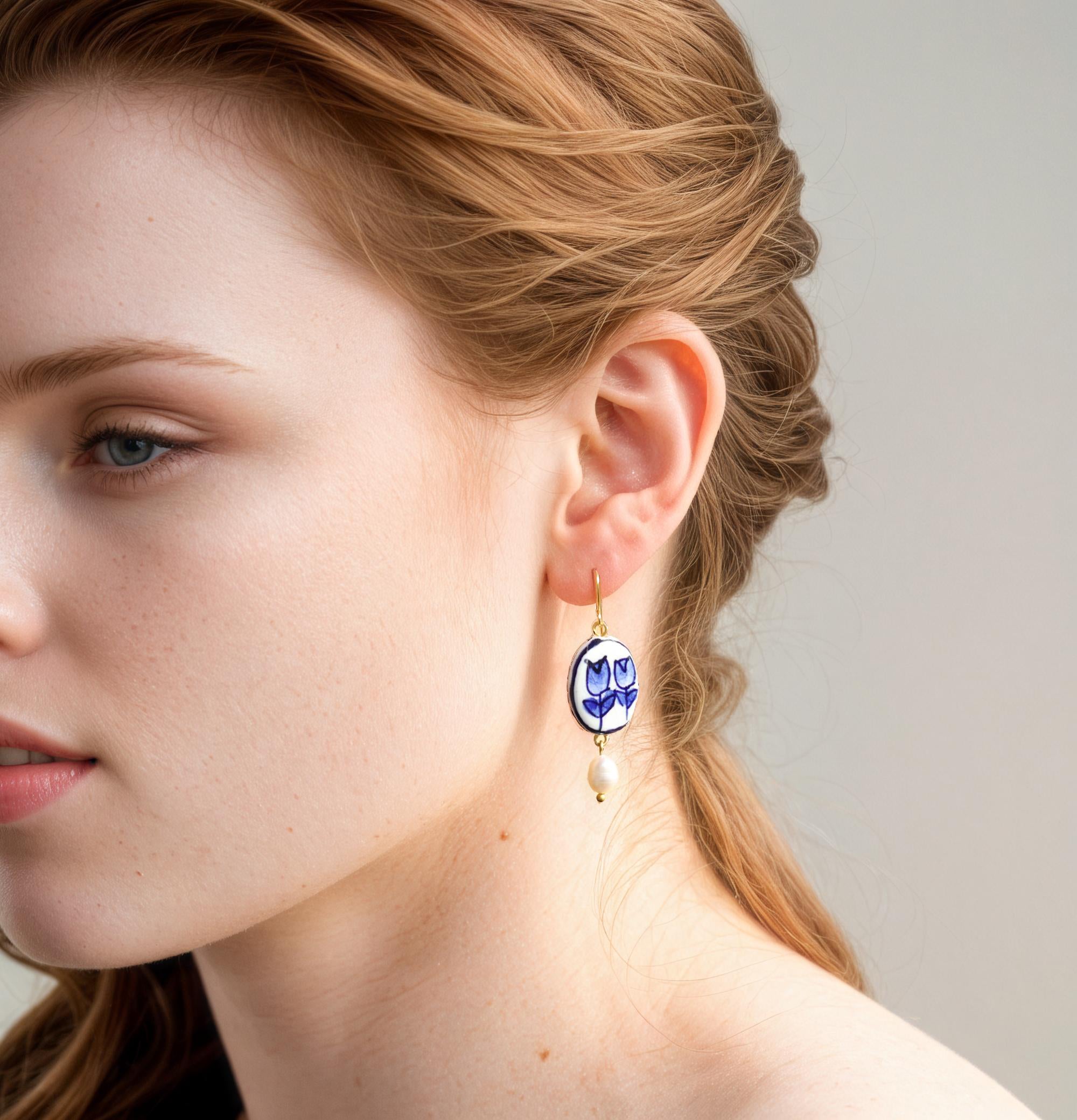 Blue Tulip Pearl Earrings