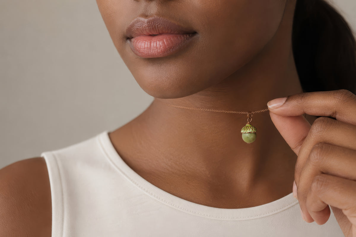 Olive Green Moss Acorn Necklace
