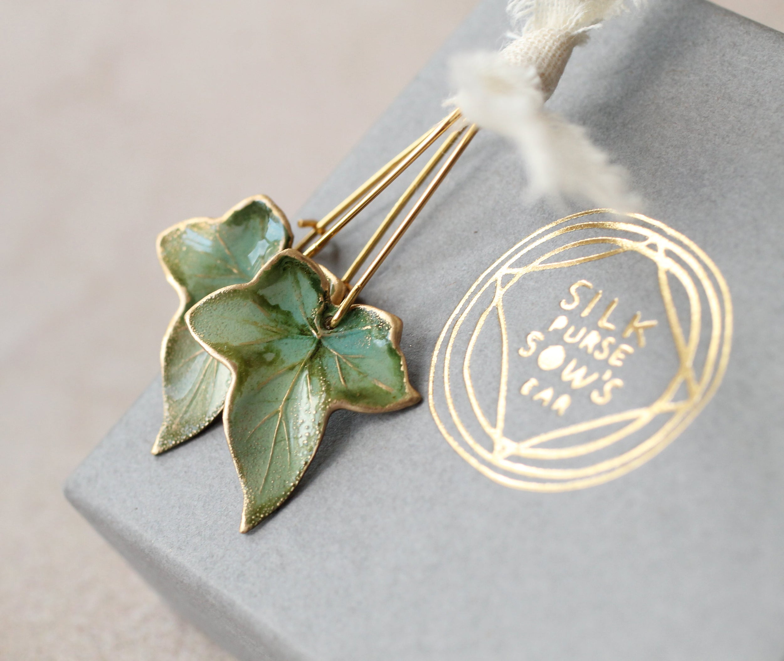 Olive Green Ivy Leaf Earrings