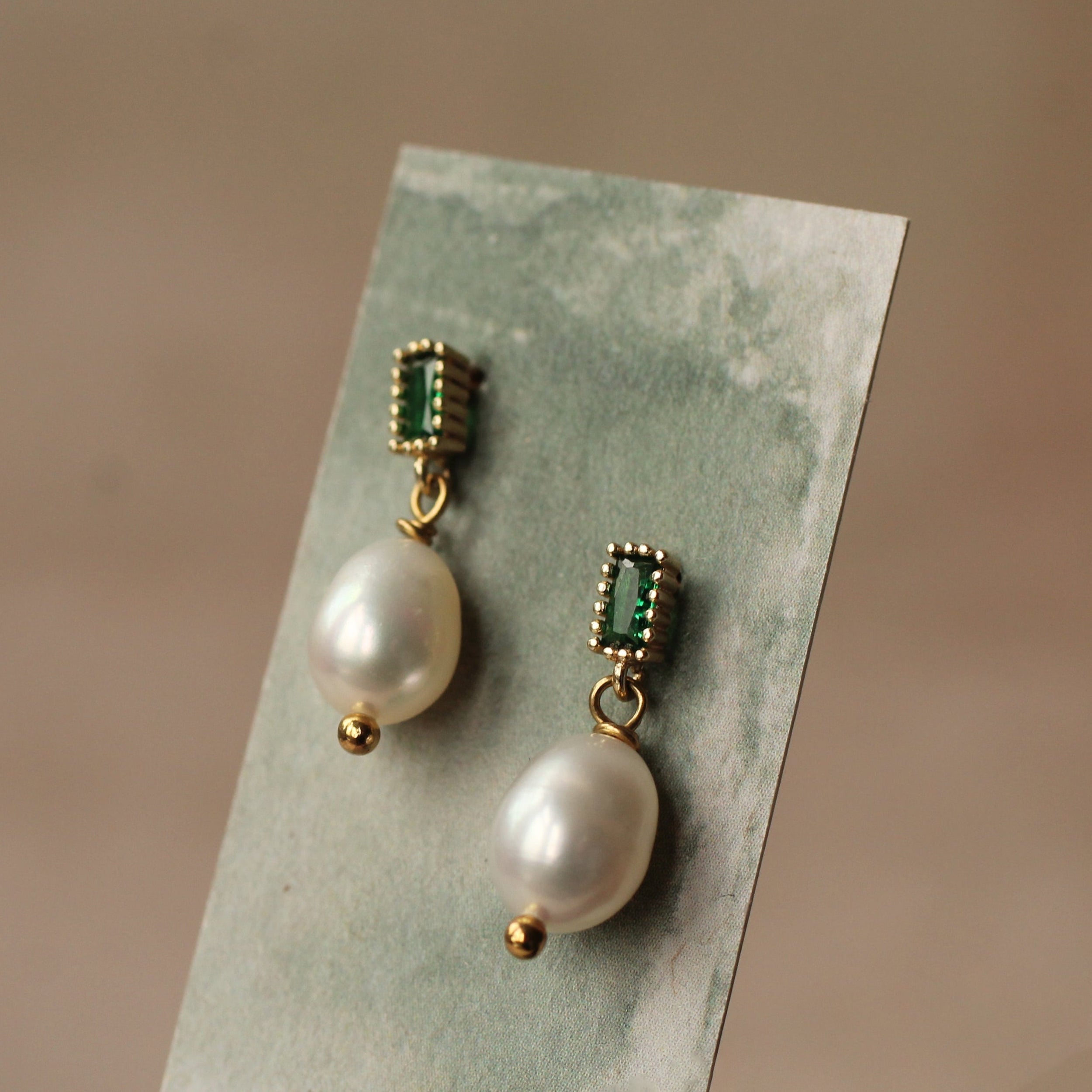 Emerald and Freshwater Pearl Drop Earrings