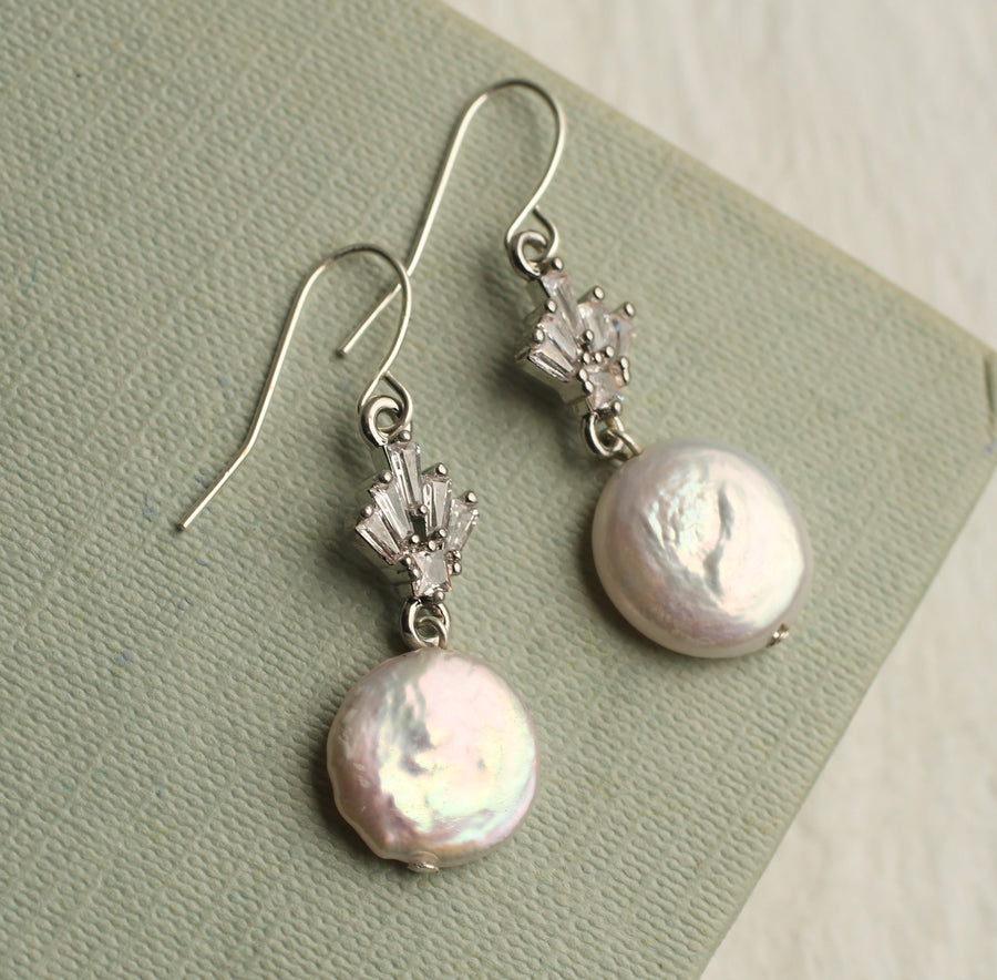 Silver Art Deco Crystal Pearl Earrings
