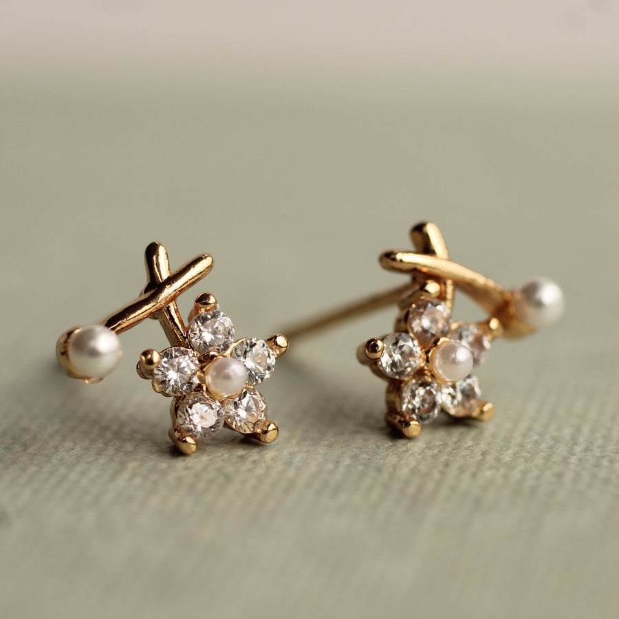 Cross Flower Stud Earrings with Pearl