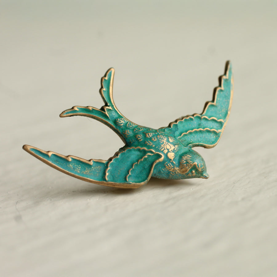 Verdigris Swallow Bird Brooch